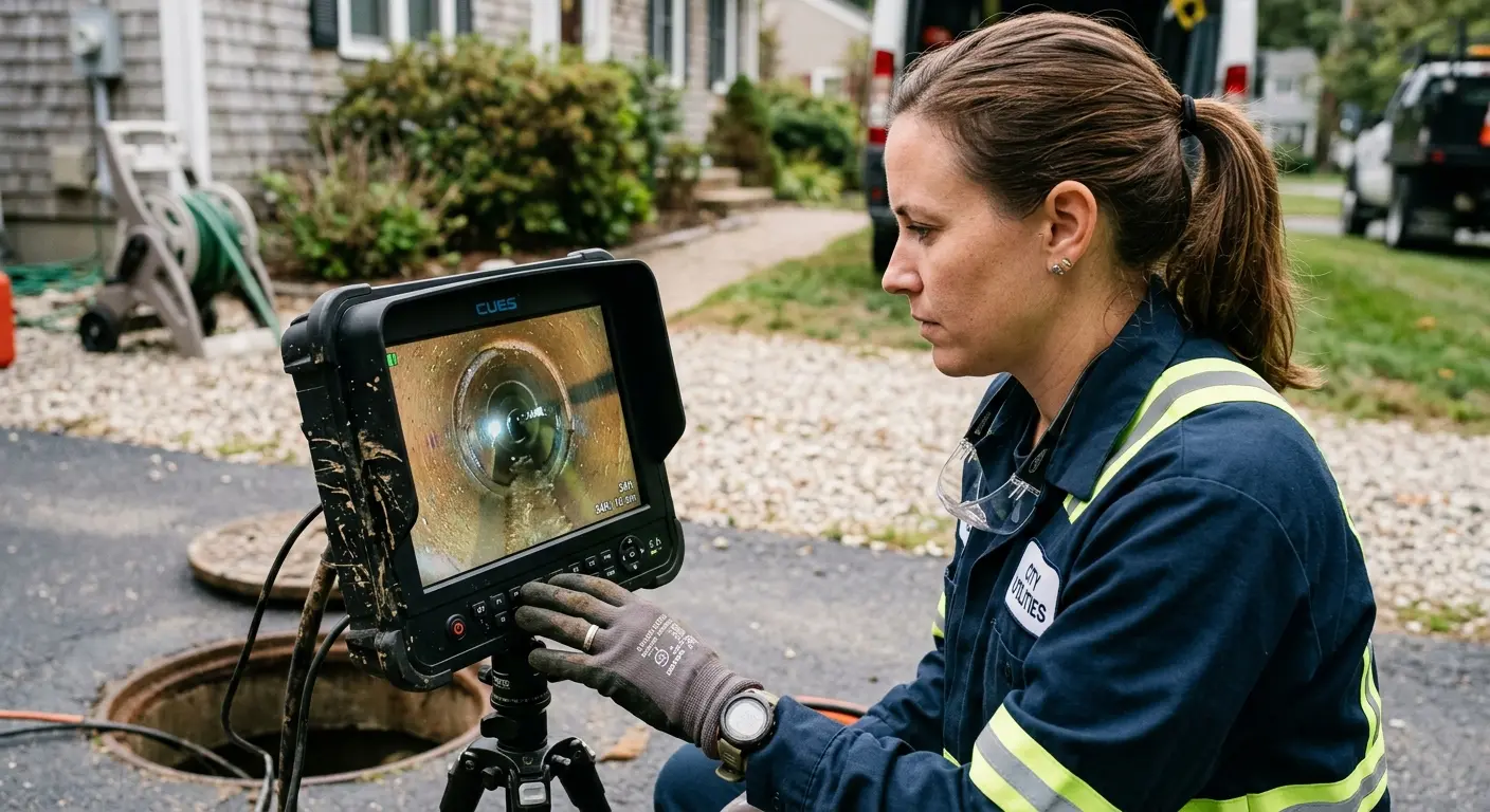Technician reviewing sewer camera inspection footage in Wayne