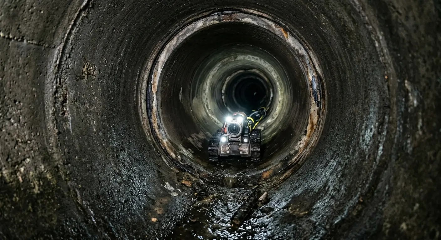Robotic sewer camera inspecting pipe interior for Sewer Line Cleaning in Wayne