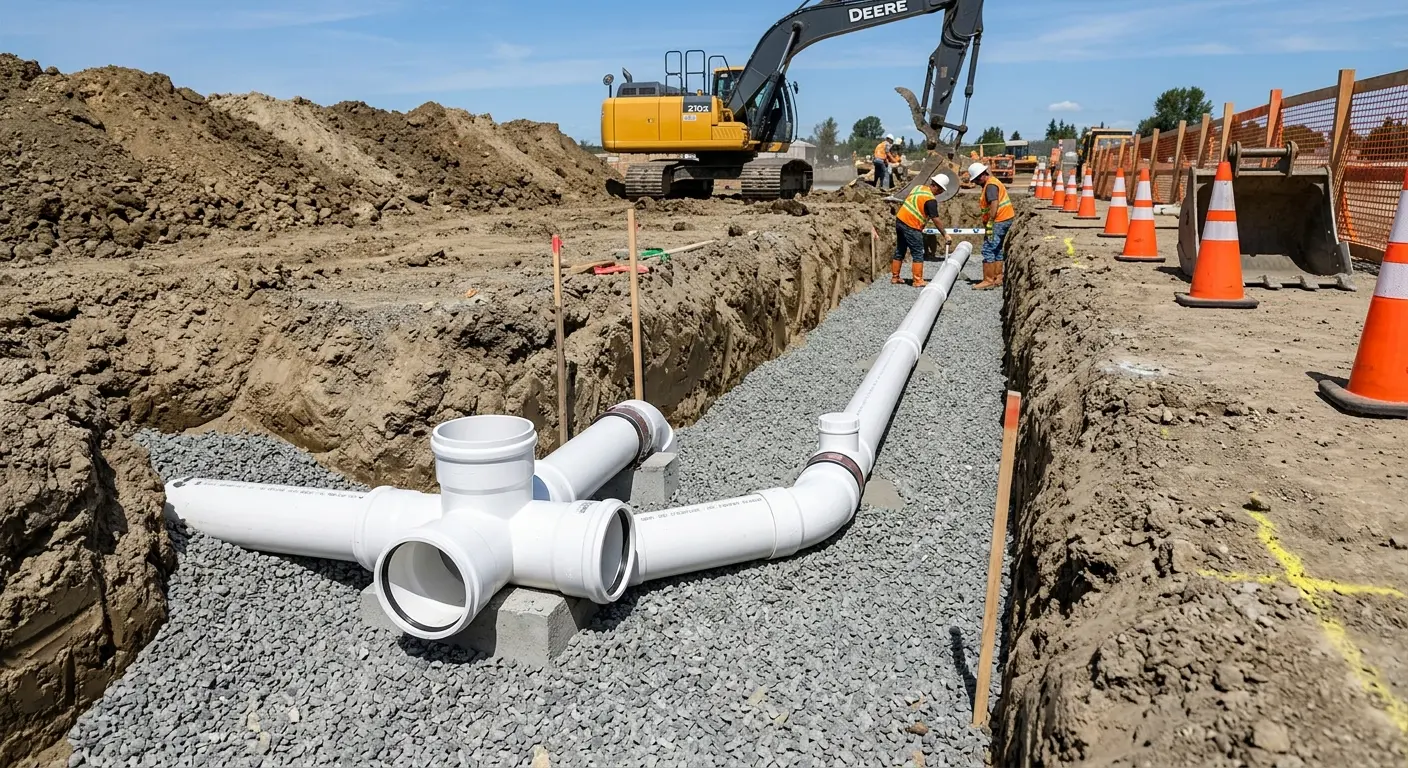 New PVC sewer pipe installation in open trench for Commercial Drain Cleaning in Wayne