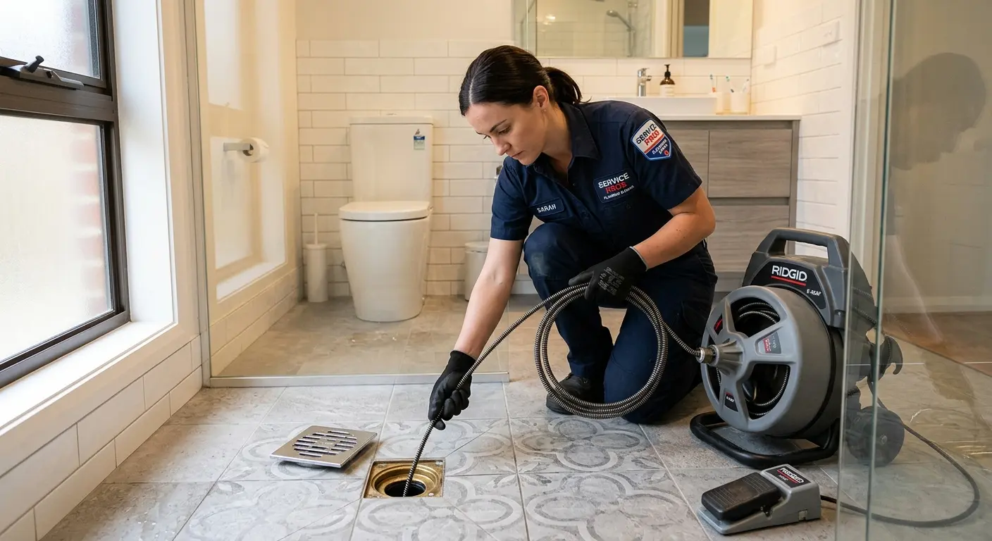 Technician clearing a bathroom floor drain for Sewer Line Installation in Wayne